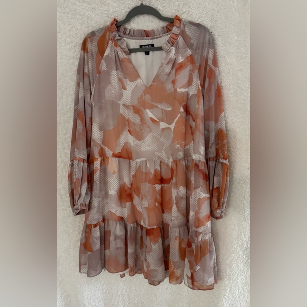 NWT Express Orange and Gray V-Neck Sundress with Bishop Sleeves